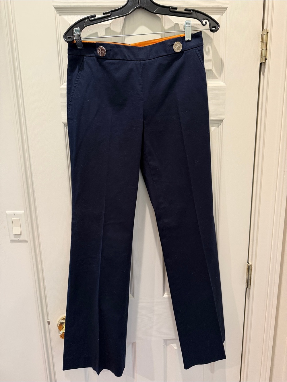 Tory Burch Navy Straight-Leg Pants with Orange Waistband